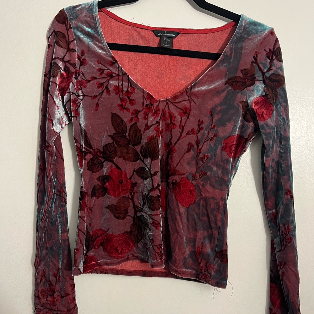 Moda International Red and Black Velvet Floral Blouse